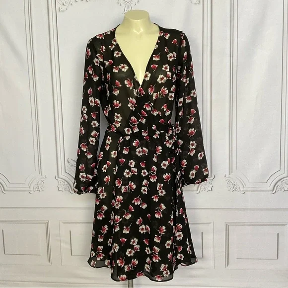 Lark & Ro Black Semi Sheer Long Sleeve Side Tie Wrap Dress Flirty & Flowing Sm - Picture 2 of 8